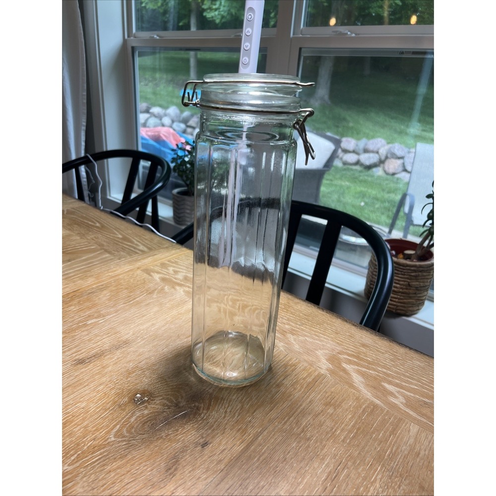 Vintage Clear Glass PANELED 13" CANISTER Jar Wire Bail Hinged Lid
